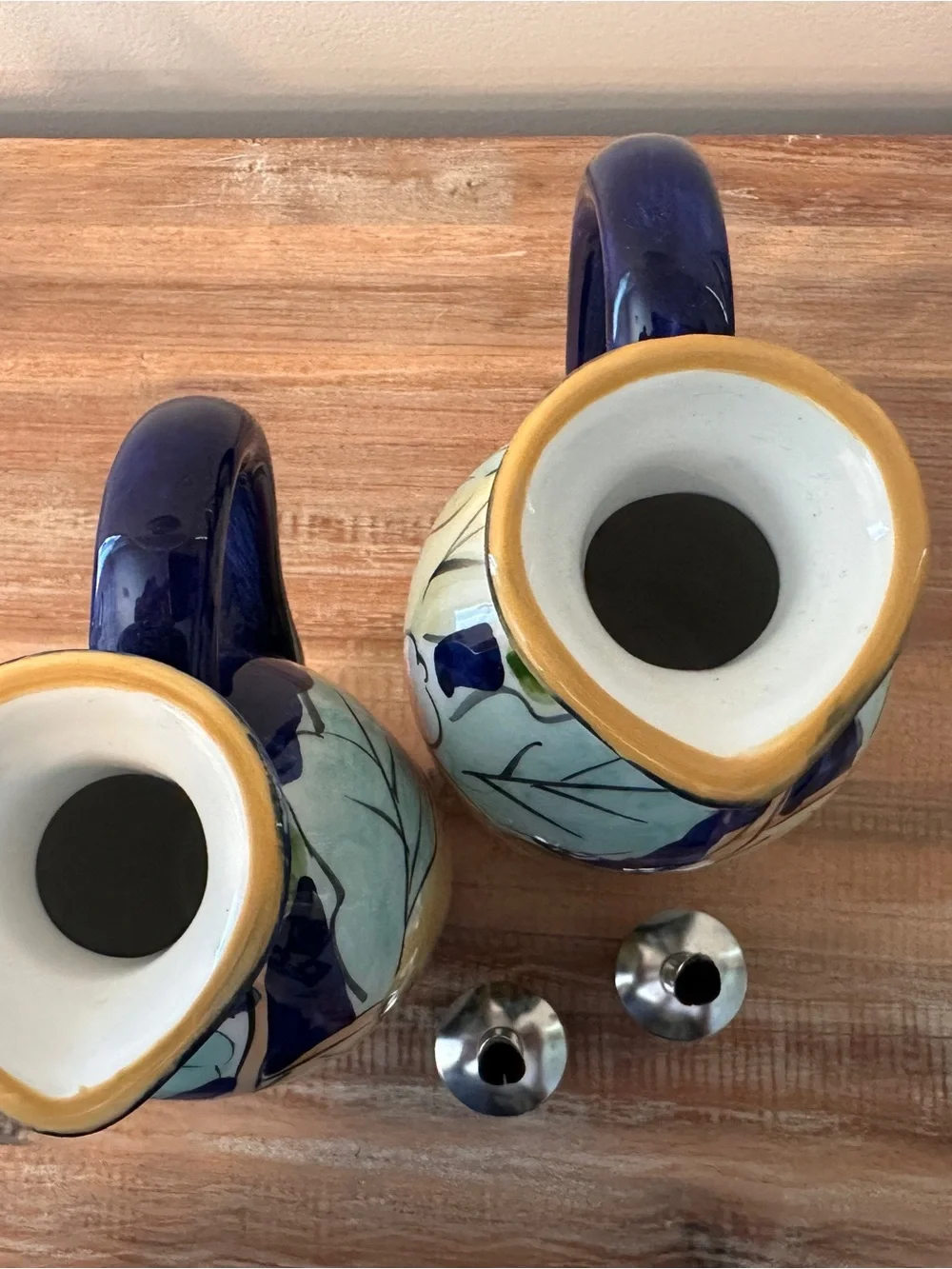 Hand Painted Oil Vinegar Salt Pepper Cruet Set Floral Fruit Caddy